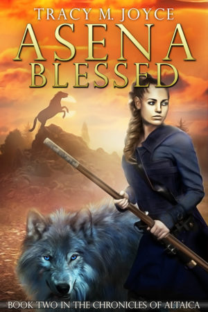 The cover of Assena Blessed by Tracy M Joyce. Features a woman holding a fighting staff standing next to a blue-grey wolf. In the background, a mule rears atop a hill.